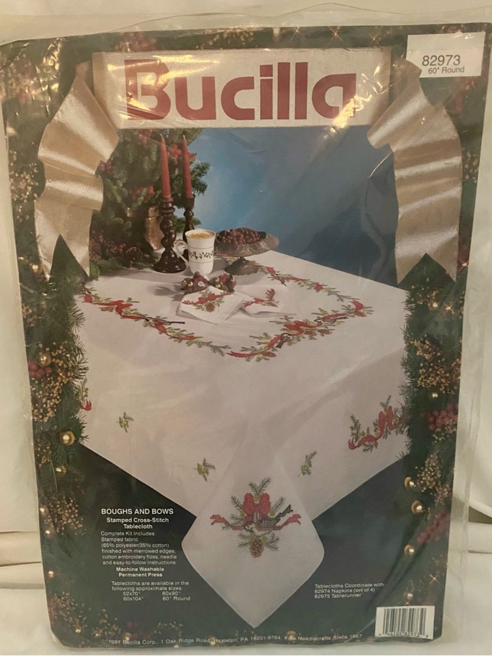 Bucilla White Tablecloth with Red & Green Holiday Wreath Cross-Stitch